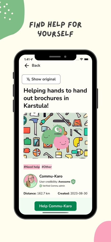 Commu - A screenshot of the Commu app showing a user request for help with handing out brochures in a local community.
