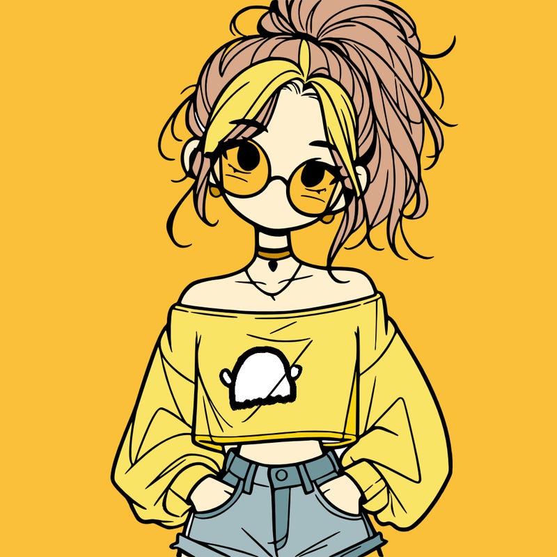 girl with a messy ponytail glasses a baggy crop top and jean shorts