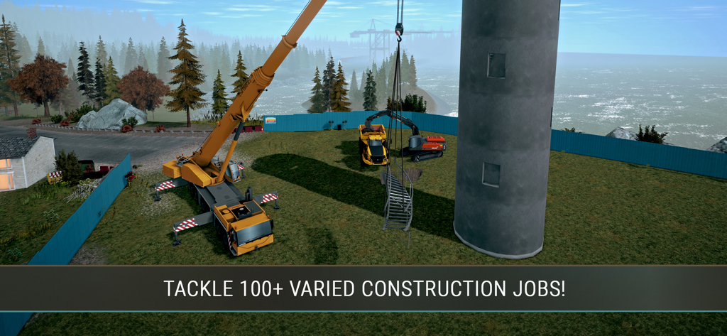 Heavy machinery and a large crane operating on a construction site in Construction Simulator 4 Lite.