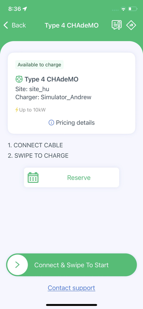 ePower EV Charging - Screen showing details for a CHAdeMO electric vehicle charger with availability and instructions