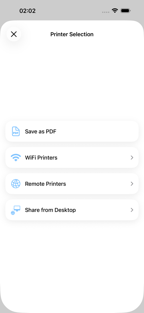 Printer selection menu in the PrinterShare app showing options for WiFi, remote, and desktop printing.