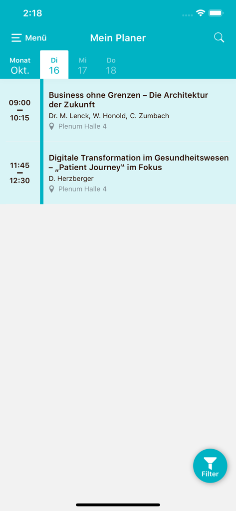 DSAG-Events - A tela Meu Planejador no aplicativo DSAG-Events exibindo uma programação pessoal de sessões com horários e nomes de palestrantes