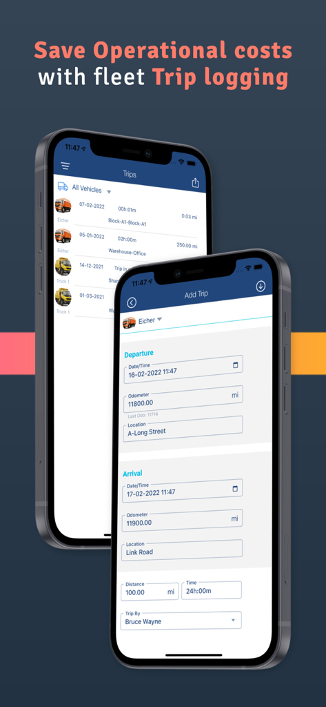 Schermate dell'app mobile Simply Fleet per la registrazione dei viaggi dei veicoli e il monitoraggio del chilometraggio della flotta
