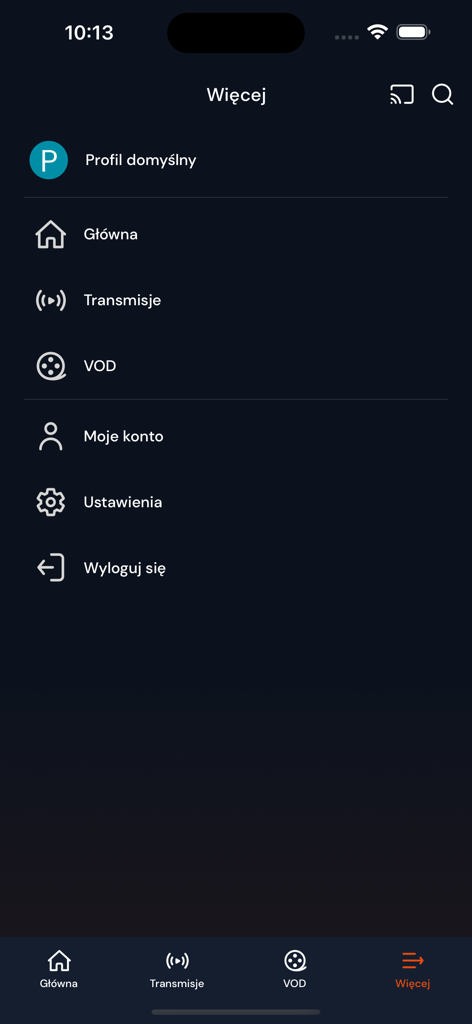 Emocje.TV - Navigation menu of the Emocje TV mobile app showing live sports broadcasts and video on demand options