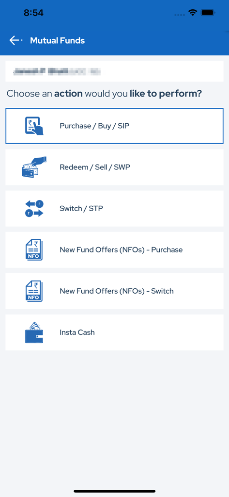 NJ  E-Wealth Account - NJ E-Wealth 앱 화면, 구매 및 환매와 같은 뮤추얼 펀드 거래 옵션 표시