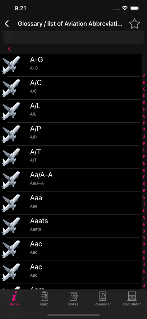 ADP- Aviation Dictionary Prem - Mobile interface showing a list of aviation abbreviations starting with A in the Aviation Dictionary app
