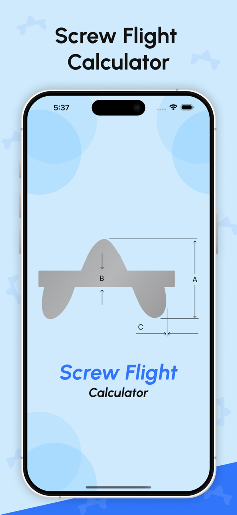 Pantalla de aplicación móvil que muestra un diagrama técnico de una hélice de tornillo para fabricación industrial