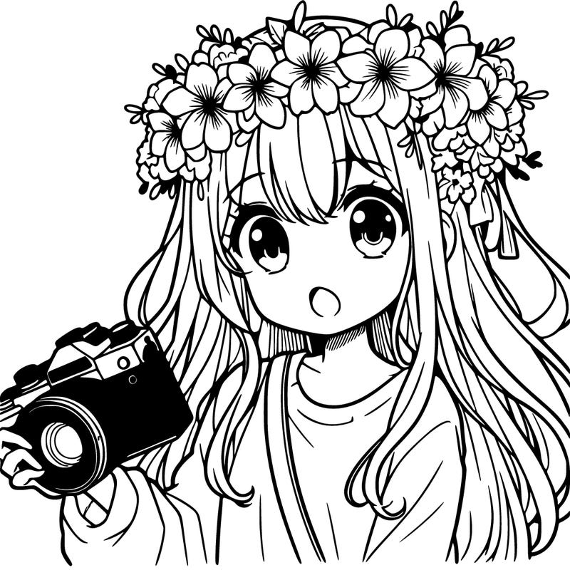 girl anime with camera and flower crown