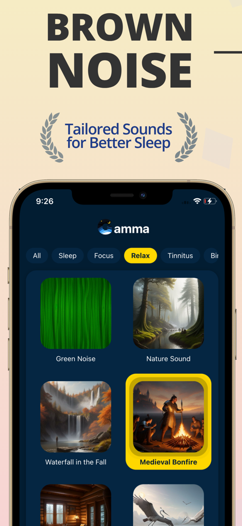 Brown Noise for Sleep: Gamma - Interface of the Brown Noise for Sleep app showing a selection of relaxing nature sounds and color noise options.