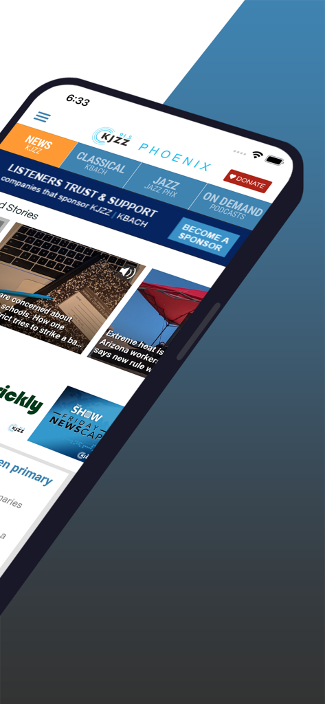 KJZZ Phoenix - KJZZ Phoenix app home screen featuring news podcasts and live radio streams