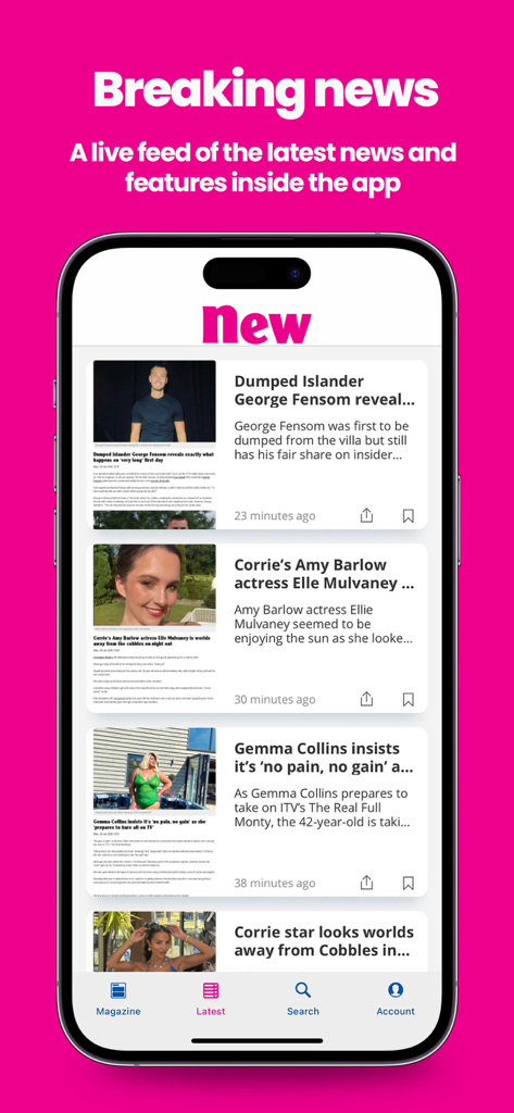 New! Magazine - New Magazine mobile app interface showing a live feed of breaking celebrity news and features.
