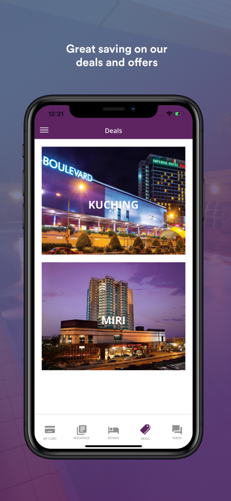 One Imperial Rewards - One Imperial Rewards app screen showing exclusive hotel deals for Kuching and Miri in Sarawak