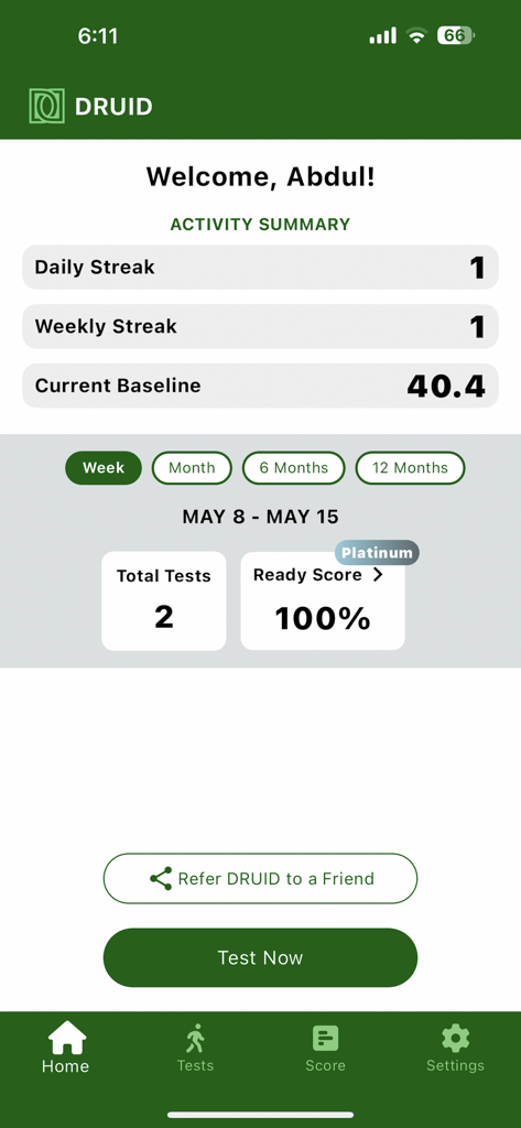 DRUIDapp - DRUID app dashboard showing activity summary and a 100 percent ready score