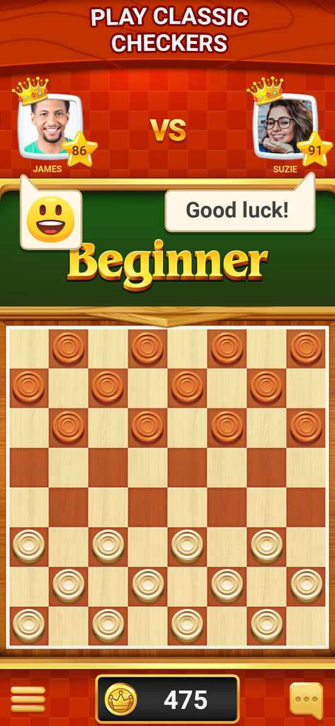 Online multiplayer checkers match with avatars and a classic wooden board.