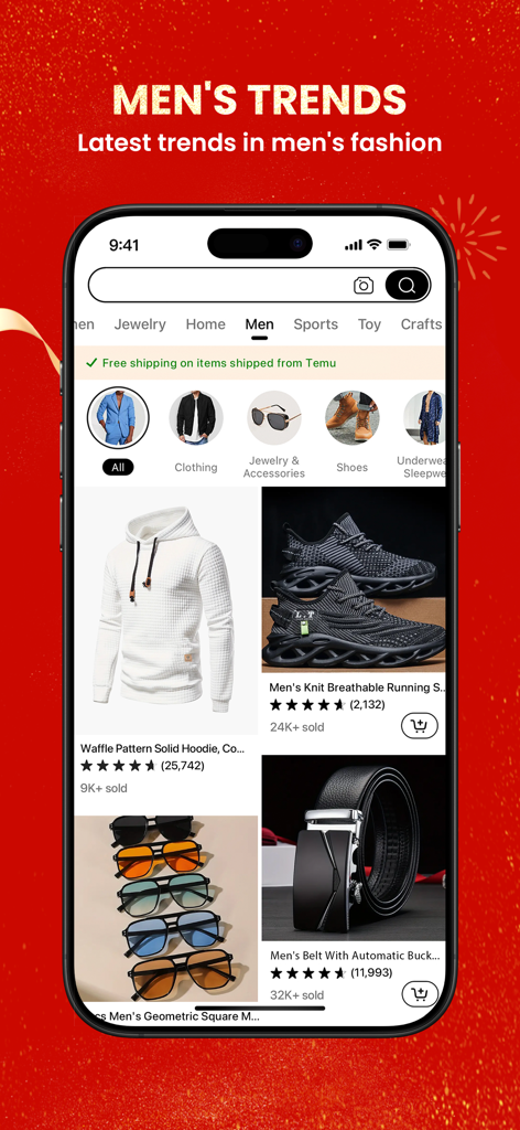 Temu app interface showing latest trends in men's fashion and accessories