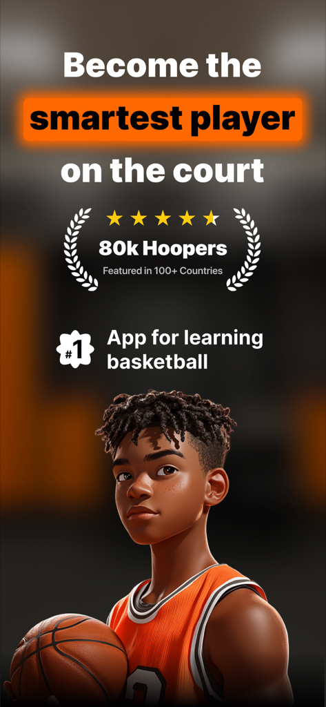 HooperIQ: Learn Basketball - HooperIQ promotional screen featuring a young basketball player and the slogan Become the smartest player on the court.