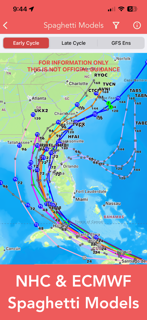 National Hurricane Center Data - Eine Karte, die Spaghetti-Modelle des NHC und ECMWF für einen tropischen Sturm zeigt, der über Florida und den südöstlichen Vereinigten Staaten zieht.