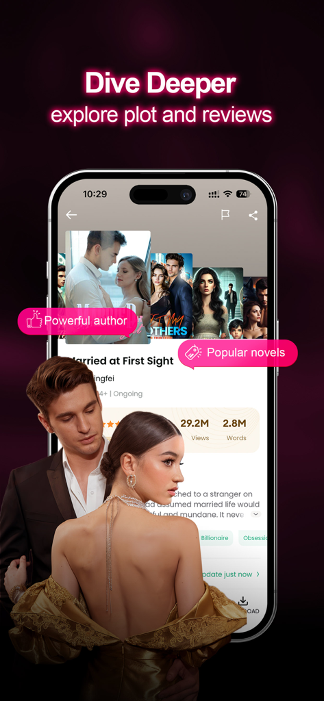 Booktok - Booktok Official App - Una pantalla móvil de la aplicación Booktok que muestra una novela romántica popular con los detalles de su trama, reseñas y estadísticas de lectores.