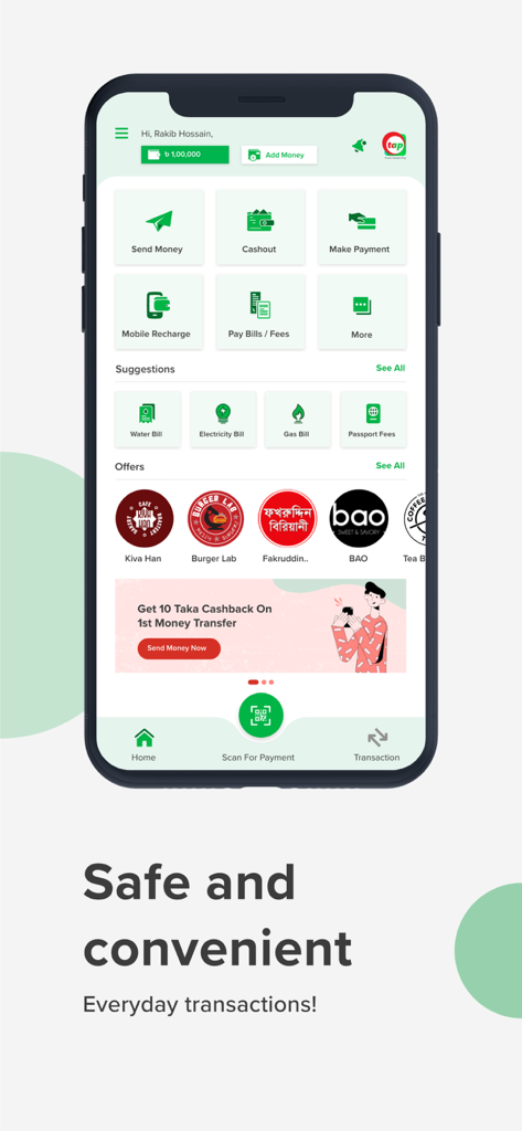 tap: Trust And Pay - Home screen of the tap mobile wallet app featuring options for money transfer and utility bill payments.