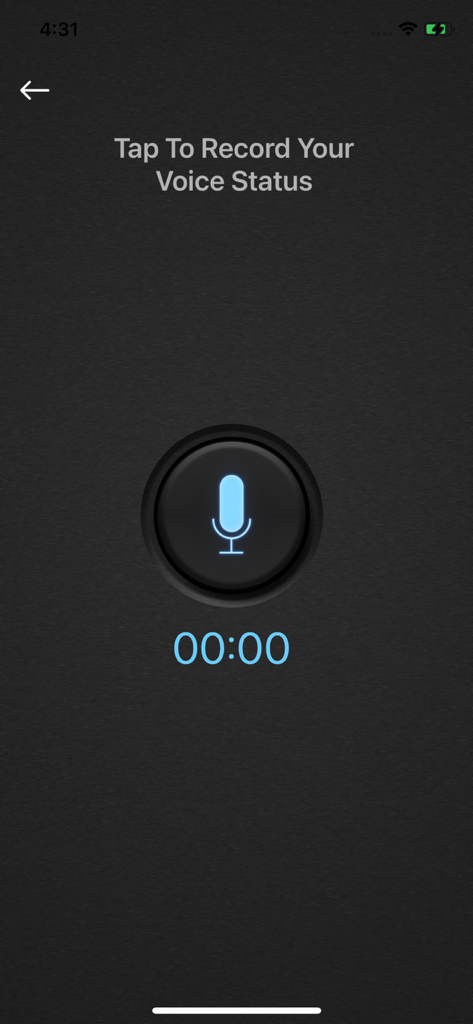 Interfaccia di registrazione vocale con icona del microfono e timer per la creazione di uno stato audio