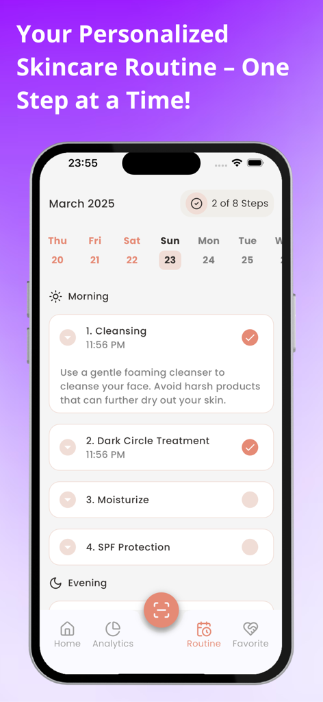 SkinMama app interface showing a personalized daily skincare routine checklist with morning steps and progress tracking.