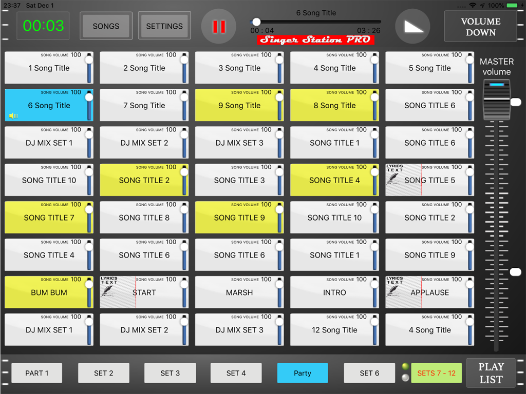 Singer Station PRO - Singer Station PRO App Haupt-Dashboard auf dem iPad, das Song-Grid und Lautstärkeregler für Live-Auftritte anzeigt