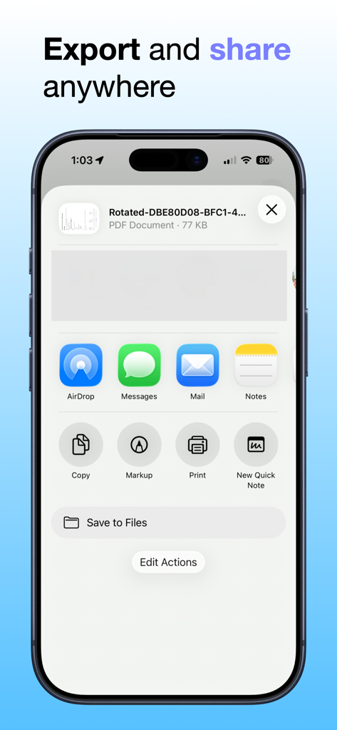 Um iPhone exibindo o menu de compartilhamento para um documento PDF girado com opções como AirDrop, Mail e Salvar em Arquivos
