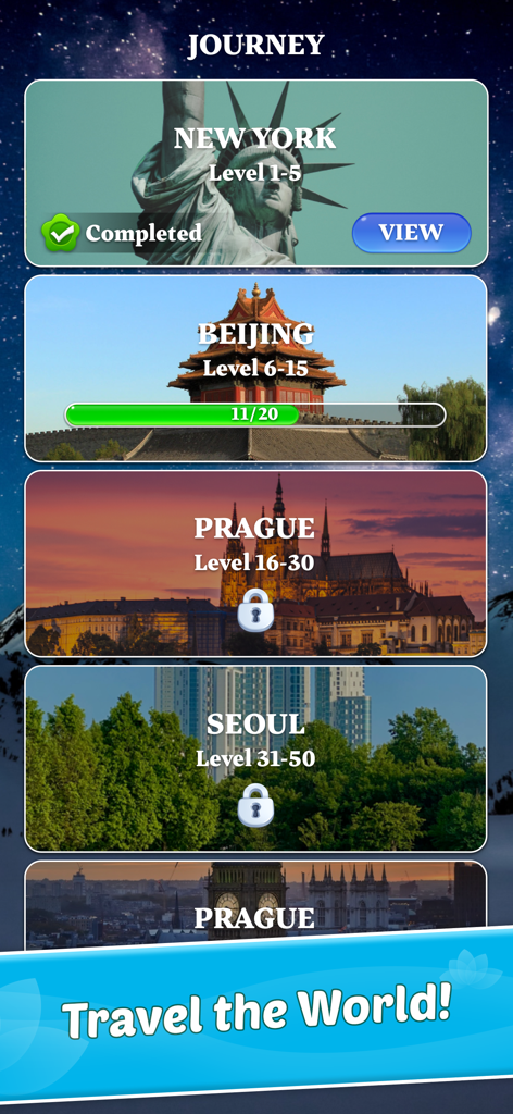 Journey screen in Word Town game featuring levels themed after world cities