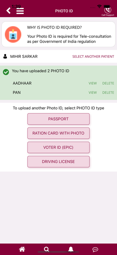 MAMATA Healthcare - Interface de l'application MAMATA Healthcare pour télécharger une pièce d'identité avec photo approuvée par le gouvernement pour les services de téléconsultation