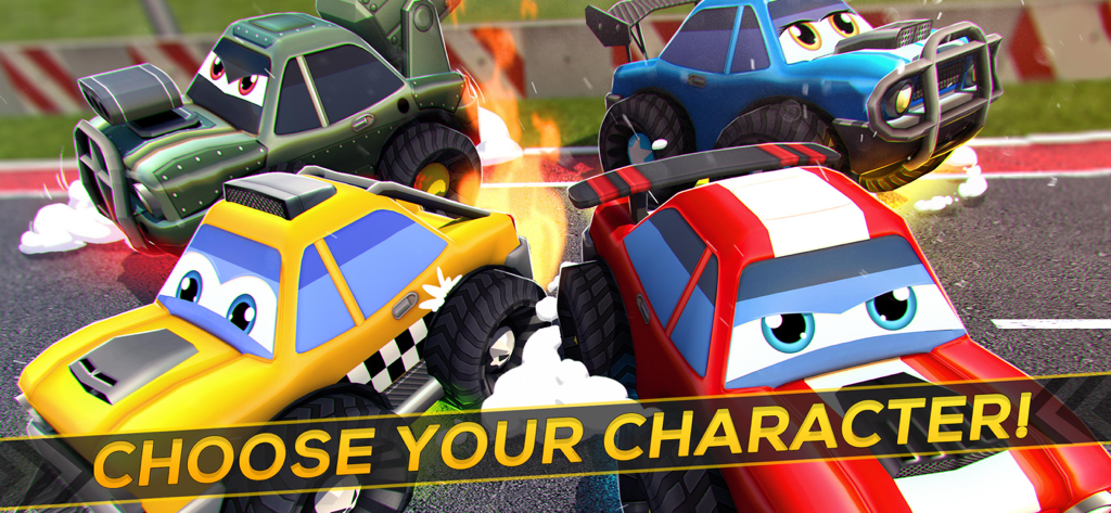 Lightning Racing Cars: Pursuit - Four cartoon racing cars with big eyes on a track with Choose Your Character text