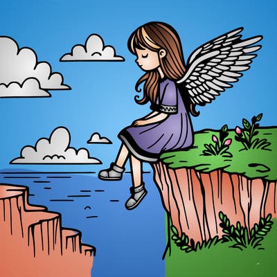 girl with wings sitting on the edge of a cliff