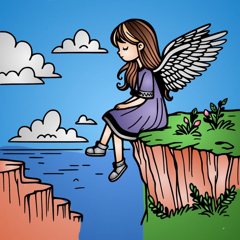 girl with wings sitting on the edge of a cliff