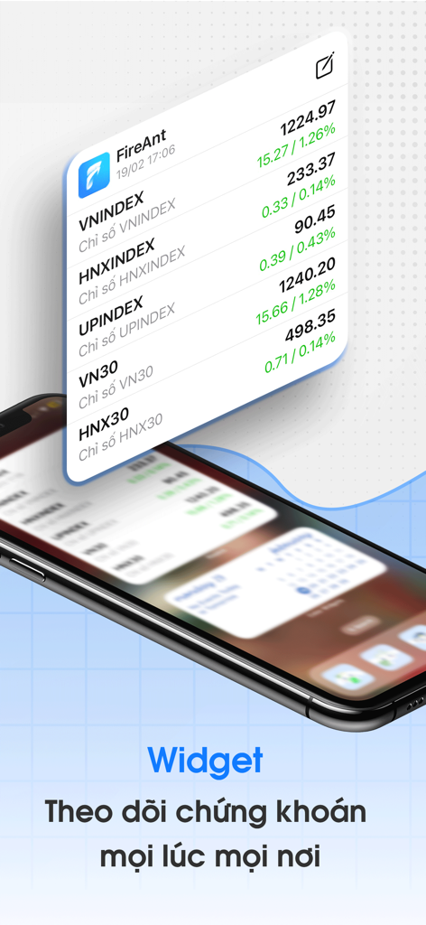 FireAnt - Đầu tư chứng khoán - Un teléfono móvil que muestra el widget de la aplicación FireAnt con índices del mercado de valores de Vietnam en tiempo real como VNINDEX y HNXINDEX.