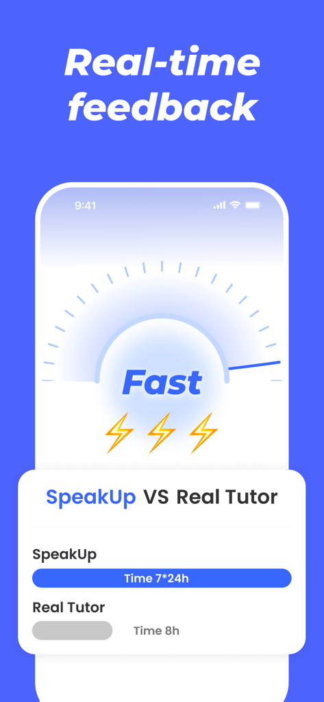 Comparison showing Speakup AI real time feedback and twenty four seven availability versus a human tutor