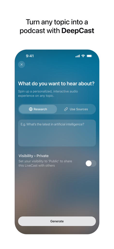 Huxe app interface for the DeepCast feature to turn topics into personalized podcasts
