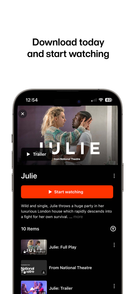 Screenshot der National Theatre at Home App, die das Stück Julie mit einem Wiedergabeschaltfläche anzeigt