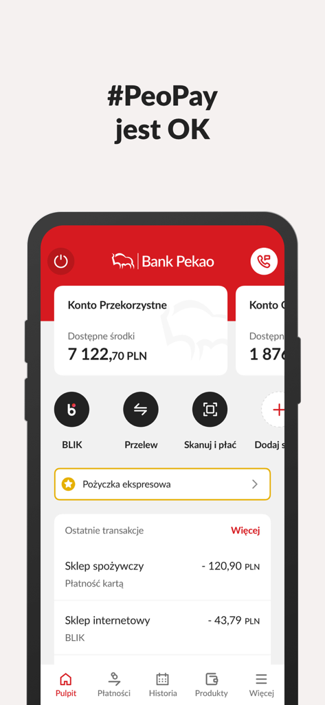 Panel de la aplicación de banca móvil PeoPay que muestra el saldo de la cuenta y las opciones financieras