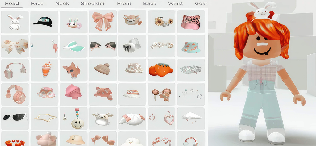 Une interface d'application mobile montrant une grille d'accessoires de tête et un aperçu 3D d'un personnage Roblox personnalisé.