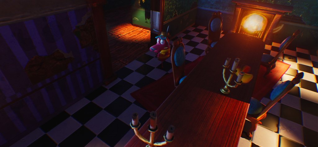 Um personagem de cachorro rosa explorando uma sala de jantar mal-assombrada com piso xadrez e lareira