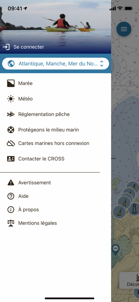 Nav&Co - Side menu of the Nav and Co app listing navigation and environmental conservation features