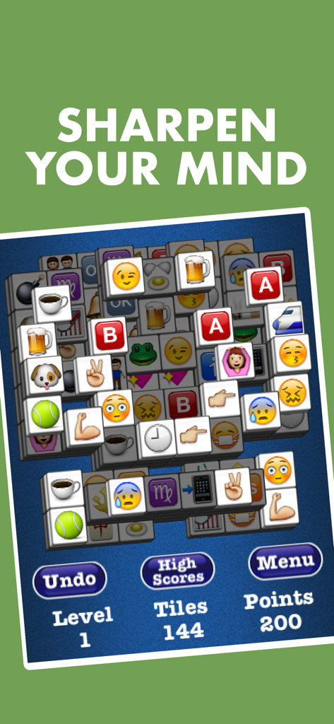 Captura de pantalla del juego de Mahjong Jewels Solitaire con fichas temáticas de emoji y el texto 'agudiza tu mente'.