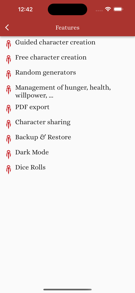 Vampire v5 Characters - A list of features for the Vampire v5 Characters app including character creation, PDF export, and dice rolls.