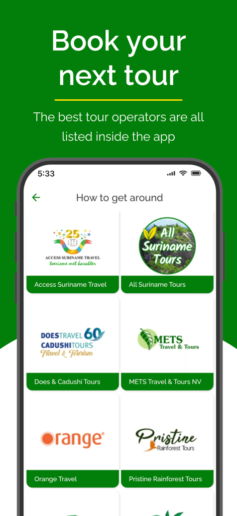 수리남 앱 화면에 '다음 투어 예약'이라는 제목 아래 현지 여행사 목록이 표시됩니다.