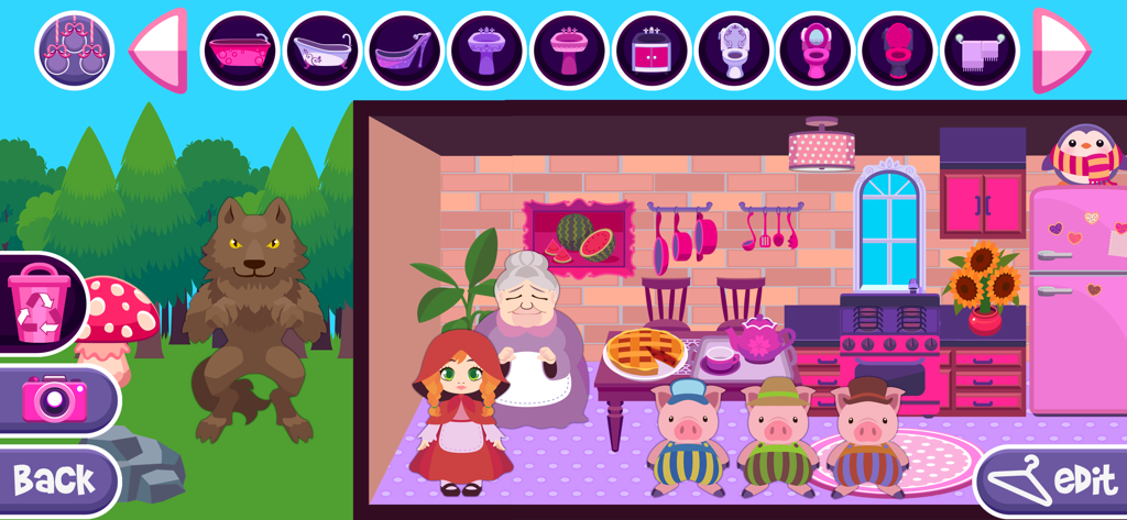 My Fairy Tale - Game - Little Red Riding Hood and the Three Little Pigs in a decorated dollhouse kitchen with furniture options.