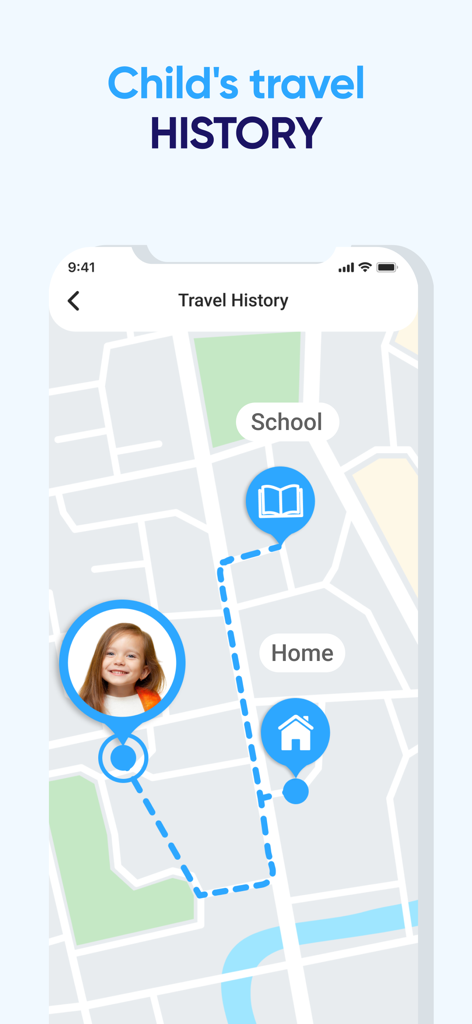 A smartphone interface showing a child's travel history on a map with markers for school and home connected by a dashed tracking route.