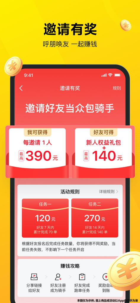 Meituan Crowdsourcing app screen showing rewards and incentives for referring new delivery riders