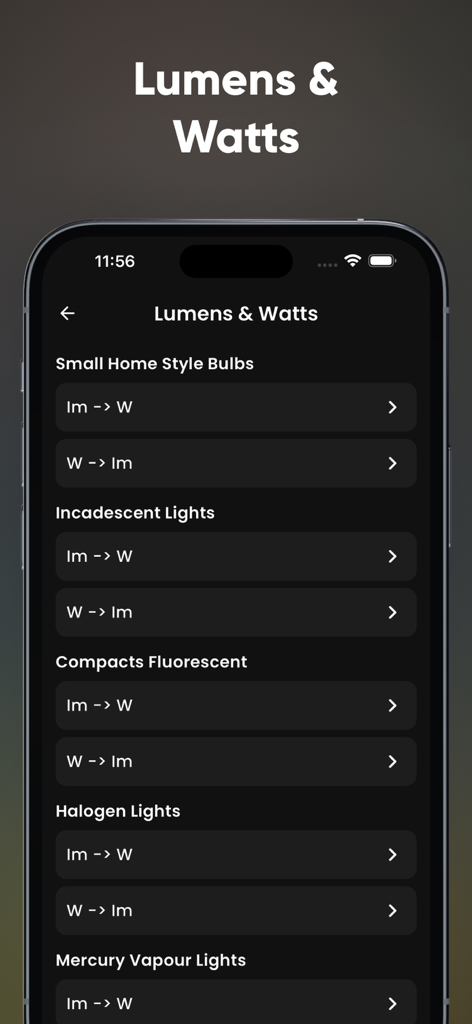 Electrical Power Calculator - Lumens and Watts conversion menu for different lighting types