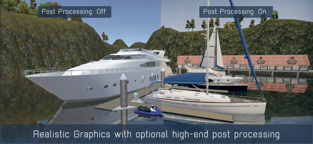 Boat Master - Split screen comparison showing the difference between post processing off and on in the Boat Master simulation game