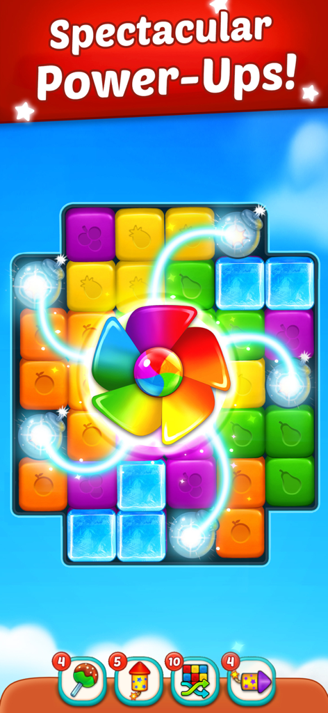 Fruit Cube Blast: Match 3 Game - A colorful fruit puzzle screen showcasing a rainbow pinwheel power up blast and various special items.