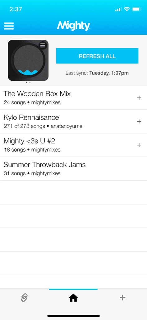 Mighty Audio - Mighty Audio mobile app showing a list of music playlists for synchronization with the Mighty device